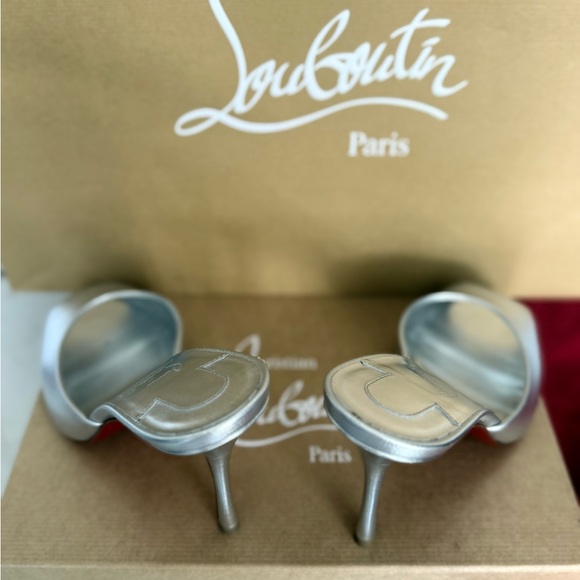 Christian Louboutin Metallic Silver Peep-Toe Heels - Picture 7 of 15